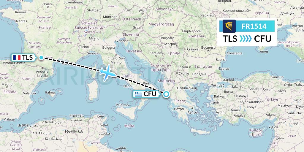 FR1514 Ryanair Flight Map: Toulouse to Corfu