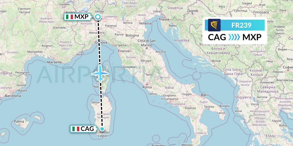 FR239 Ryanair Flight Map: Cagliari to Milan