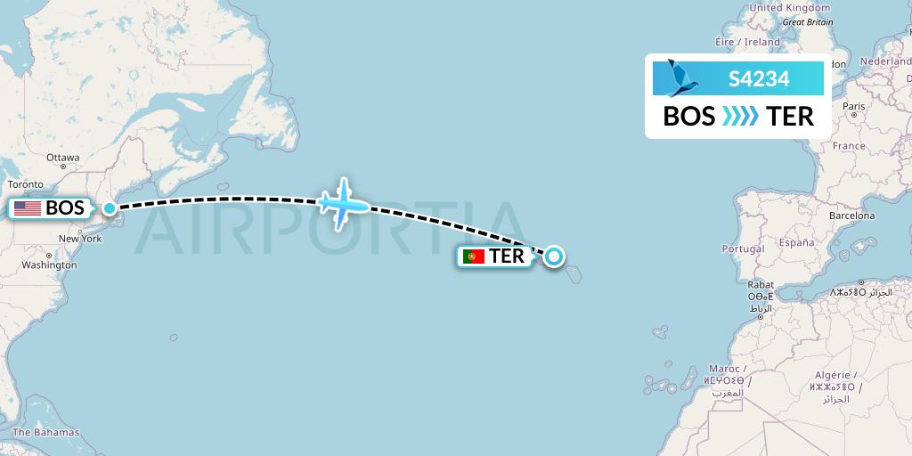 S4234 Azores Airlines Flight Map: Boston to Lajes
