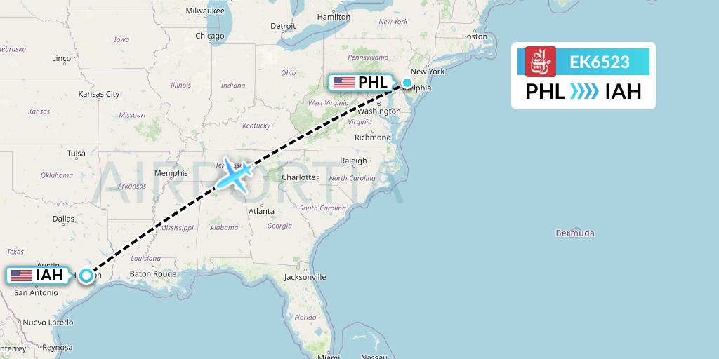 EK6523 Emirates Flight Map: Philadelphia to Houston