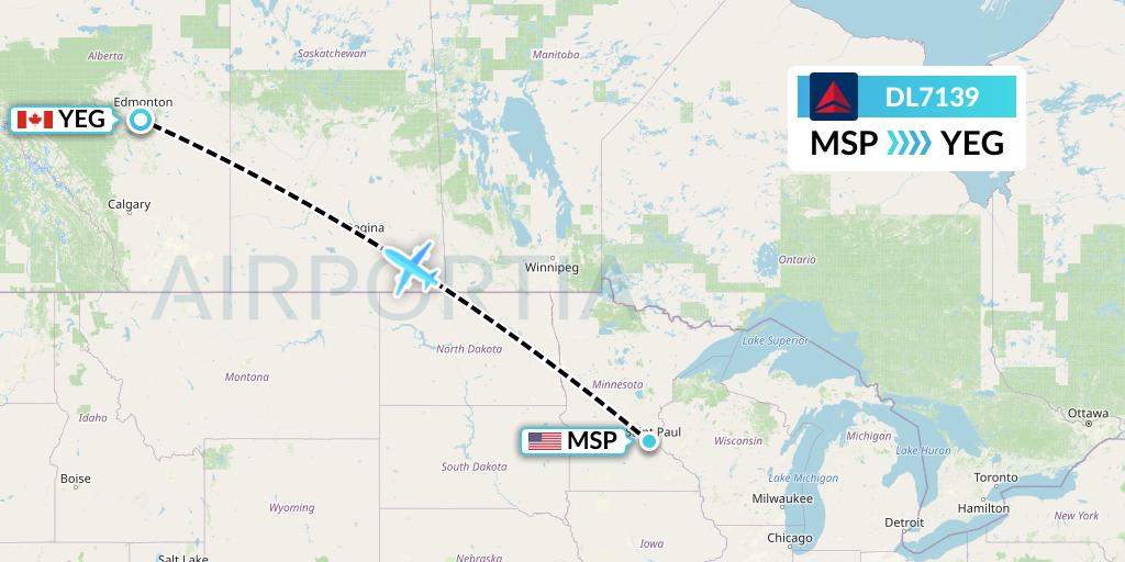 DL7139 Delta Air Lines Flight Map: Minneapolis to Edmonton