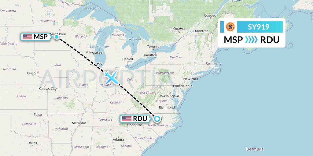 SY919 Sun Country Airlines Flight Map: Minneapolis to Raleigh-Durham