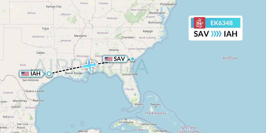 EK6348 Emirates Flight Map: Savannah to Houston