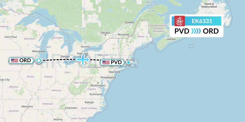 EK6331 Emirates Flight Map: Providence to Chicago