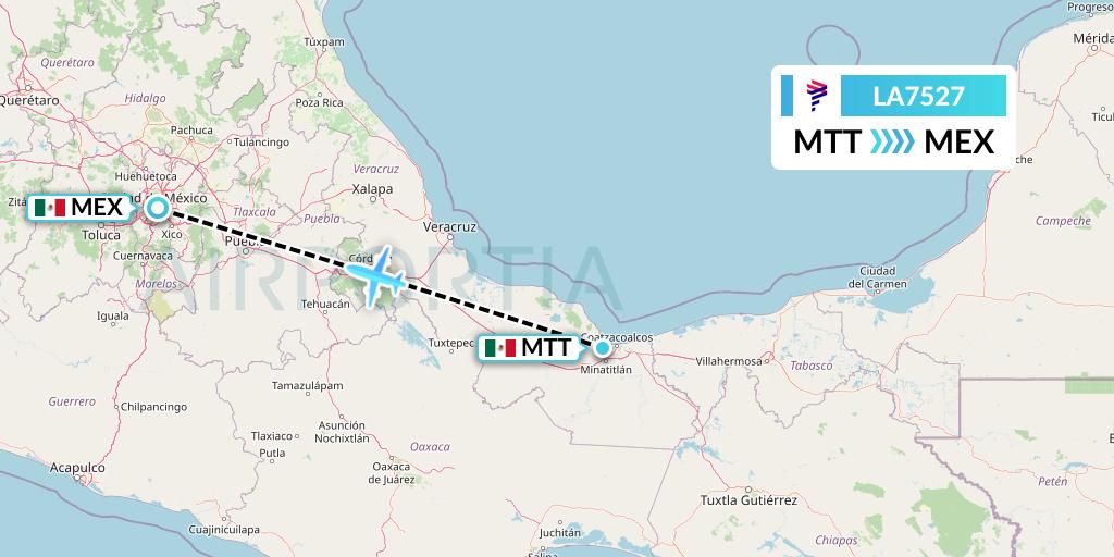 LA7527 LAN Airlines Flight Map: Minatitlan to Mexico City