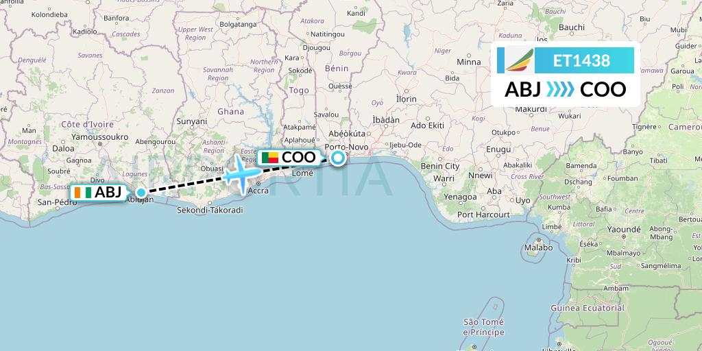 ET1438 Ethiopian Airlines Flight Map: Abidjan to Cotonou