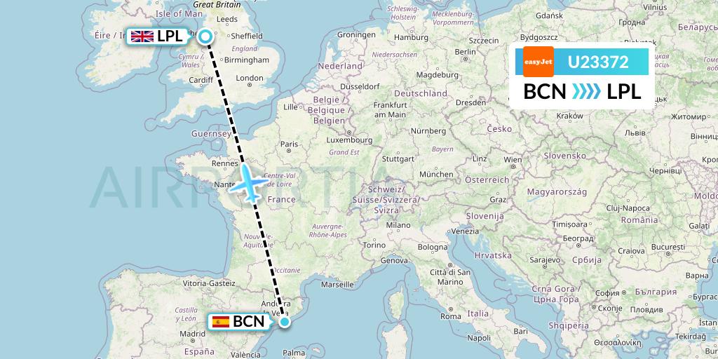 U23372 EasyJet Flight Map: Barcelona to Liverpool
