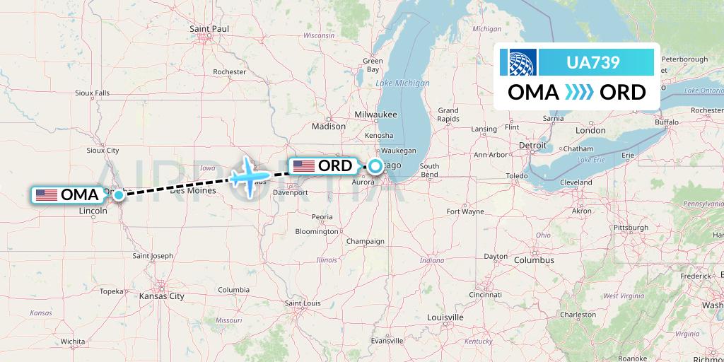 UA739 United Airlines Flight Map: Omaha to Chicago