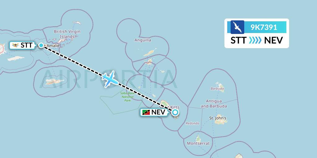 9K7391 Cape Air Flight Map: St. Thomas to Nevis