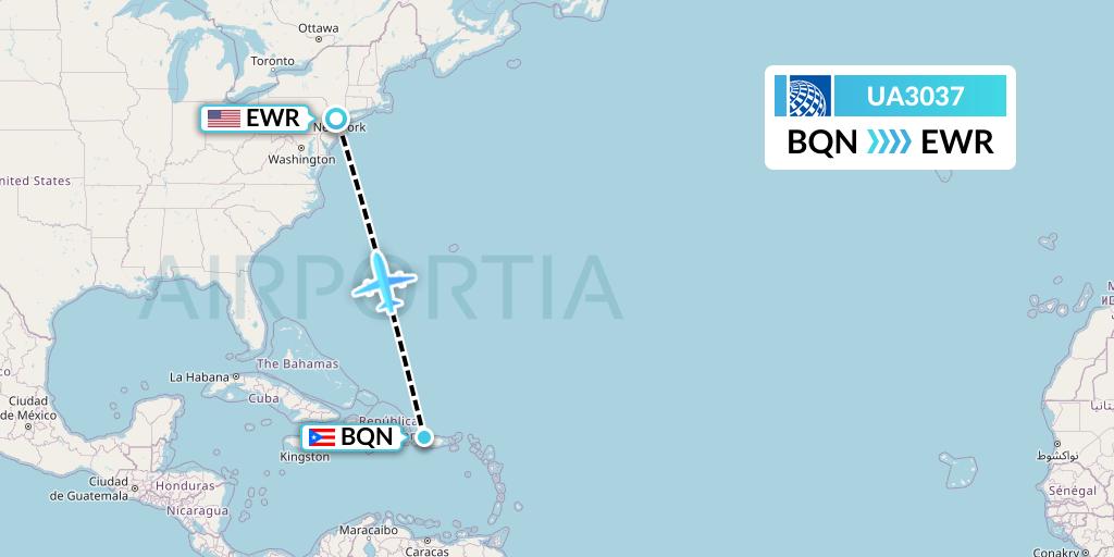 UA3037 United Airlines Flight Map: Aguadilla to New York