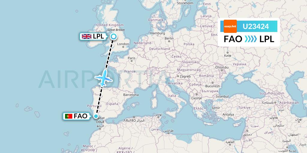U23424 EasyJet Flight Map: Faro to Liverpool