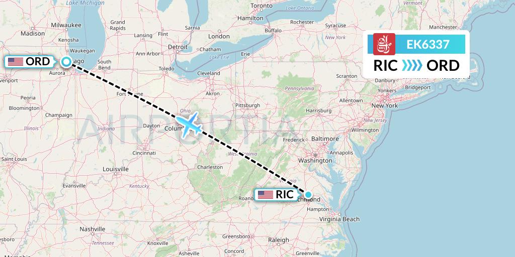 EK6337 Emirates Flight Map: Richmond to Chicago