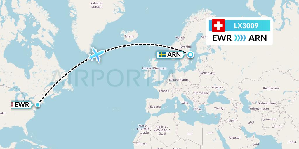 LX3009 Swiss Flight Map: New York to Stockholm