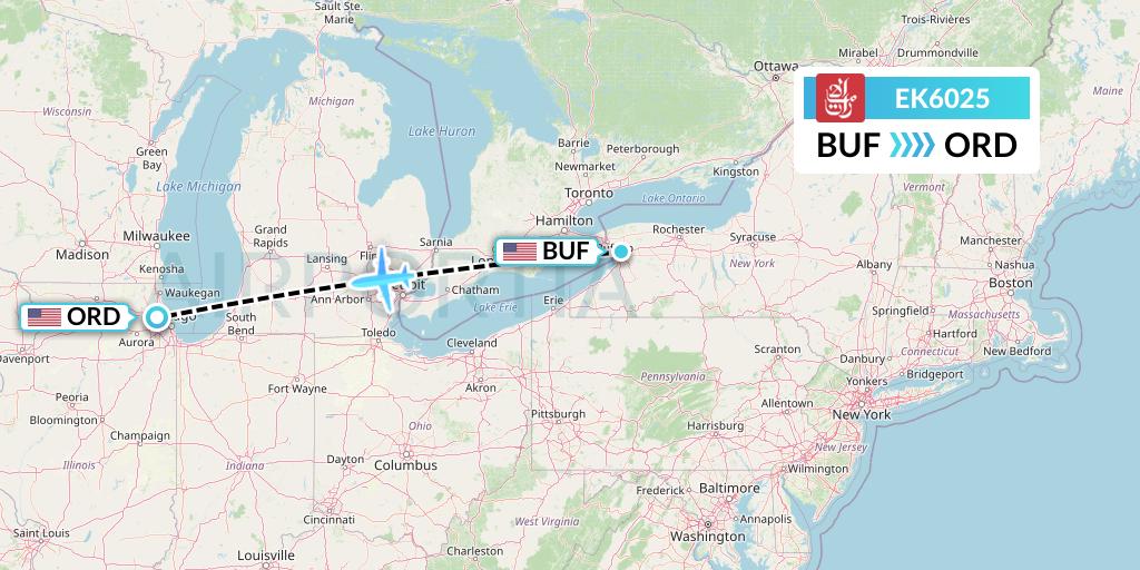 EK6025 Emirates Flight Map: Buffalo to Chicago