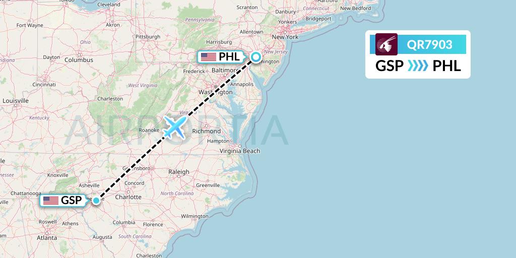 QR7903 Qatar Airways Flight Map: Greenville-Spartanburg to Philadelphia