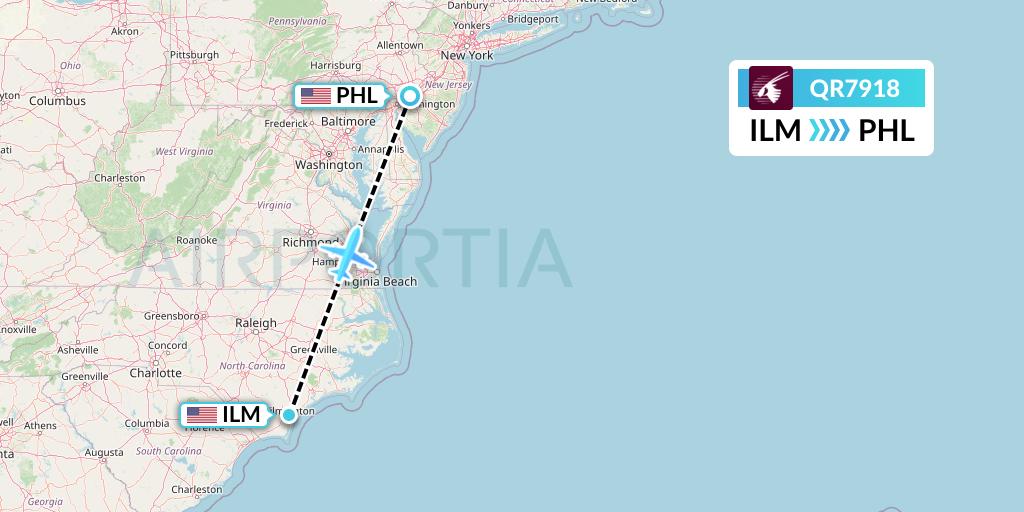 QR7918 Qatar Airways Flight Map: Wilmington to Philadelphia