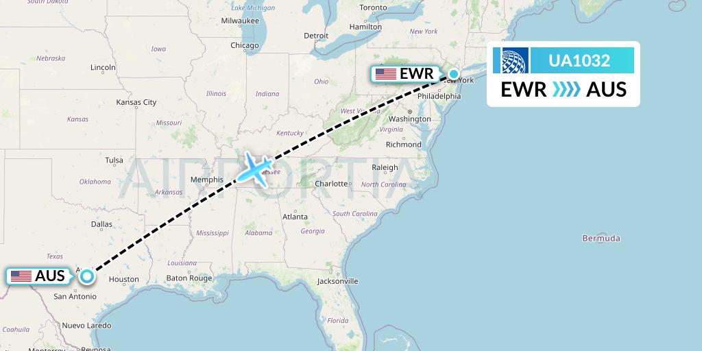 UA1032 United Airlines Flight Map: New York to Austin