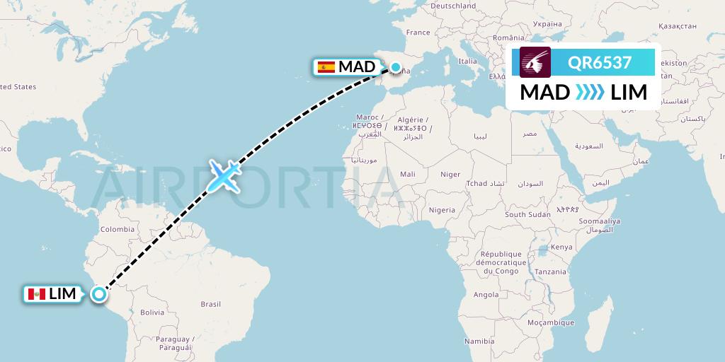 QR6537 Qatar Airways Flight Map: Madrid to Lima