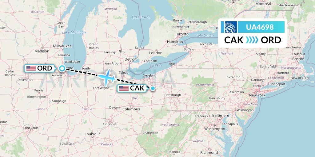 UA4698 United Airlines Flight Map: Akron to Chicago