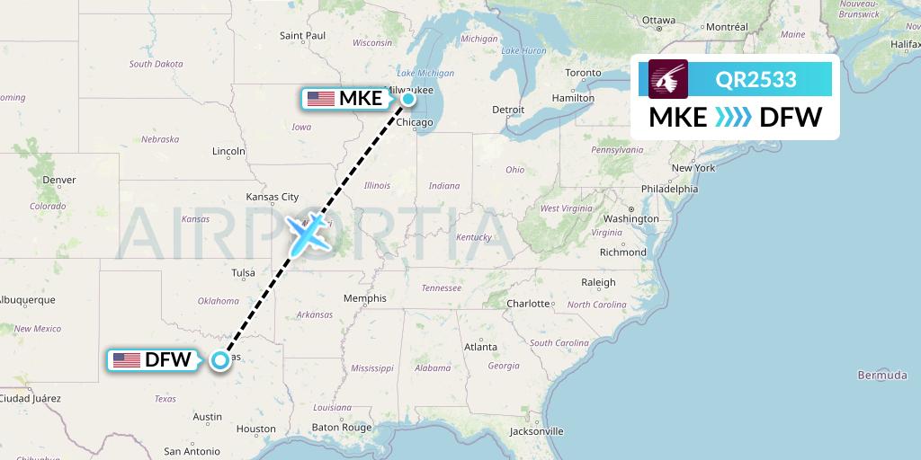 QR2533 Qatar Airways Flight Map: Milwaukee to Dallas