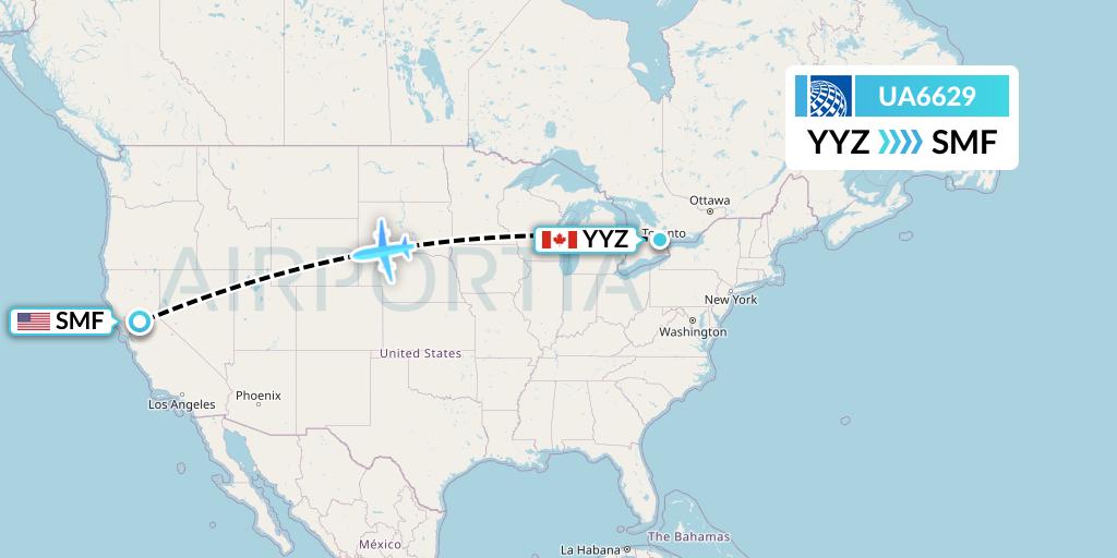 UA6629 United Airlines Flight Map: Toronto to Sacramento