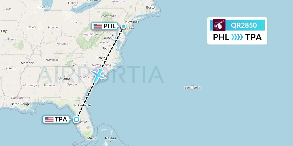 QR2850 Qatar Airways Flight Map: Philadelphia to Tampa