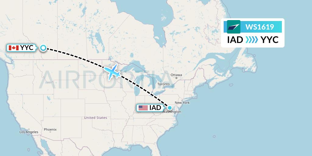 WS1619 WestJet Flight Map: Washington to Calgary