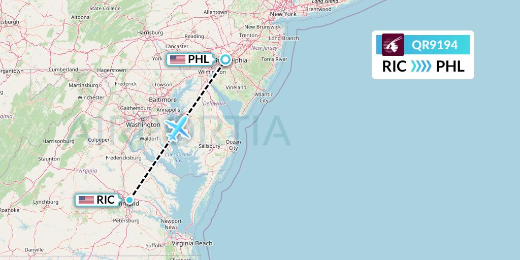 QR9194 Qatar Airways Flight Map: Richmond to Philadelphia