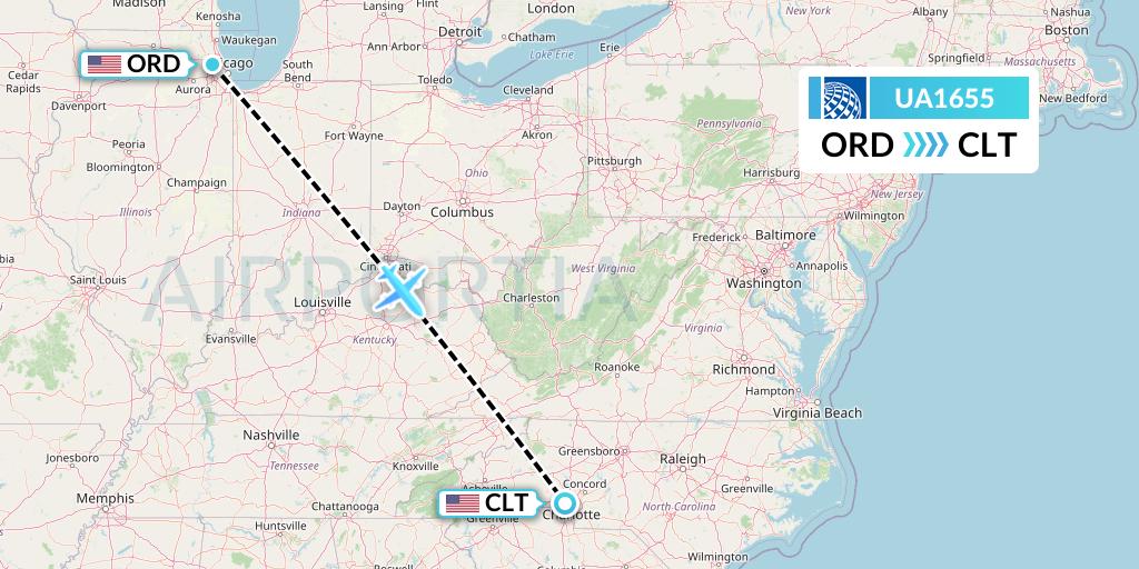 UA1655 United Airlines Flight Map: Chicago to Charlotte