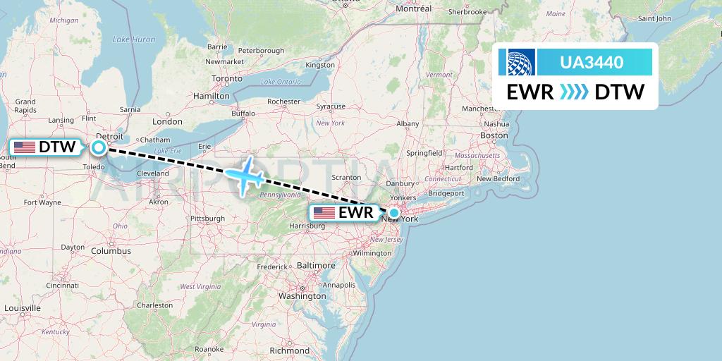 UA3440 United Airlines Flight Map: New York to Detroit