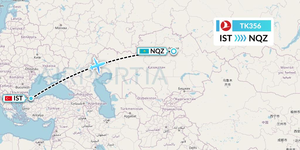 TK356 Turkish Airlines Flight Map: Istanbul to Astana