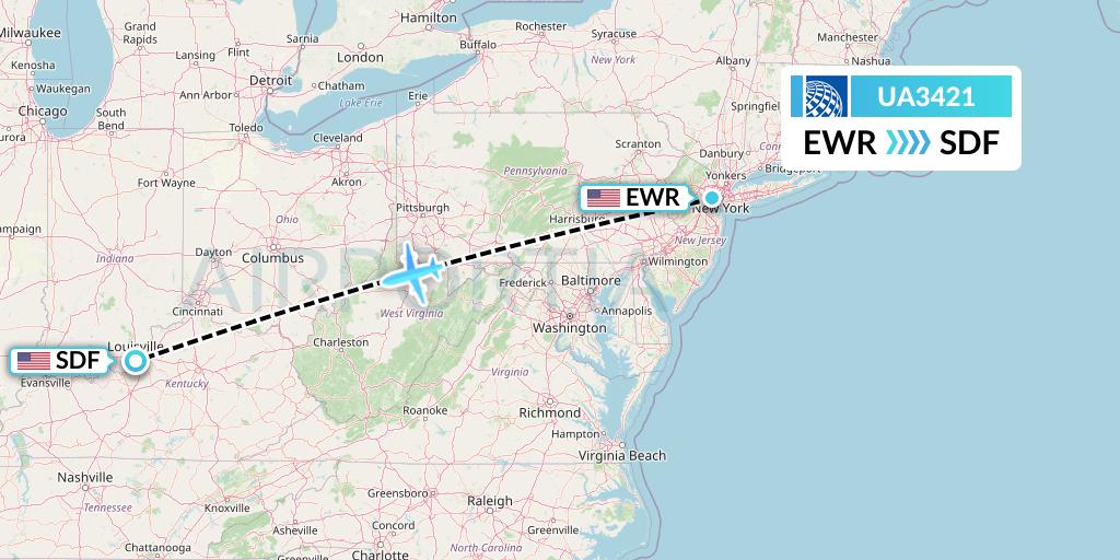 UA3421 United Airlines Flight Map: New York to Louisville