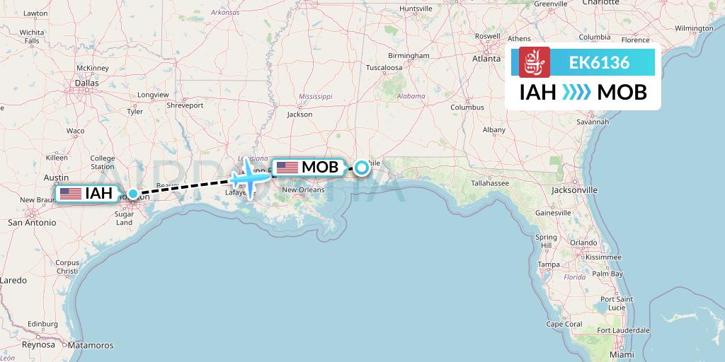 EK6136 Emirates Flight Map: Houston to Mobile