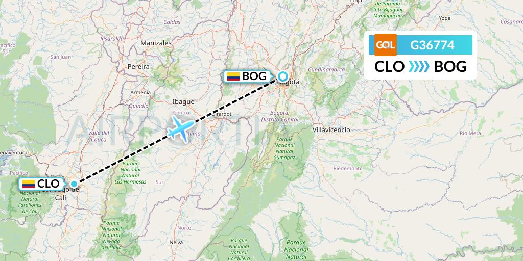 G36774 GOL Transportes Aeros Flight Map: Cali to Bogota