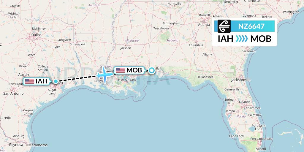 NZ6647 Air New Zealand Flight Map: Houston to Mobile