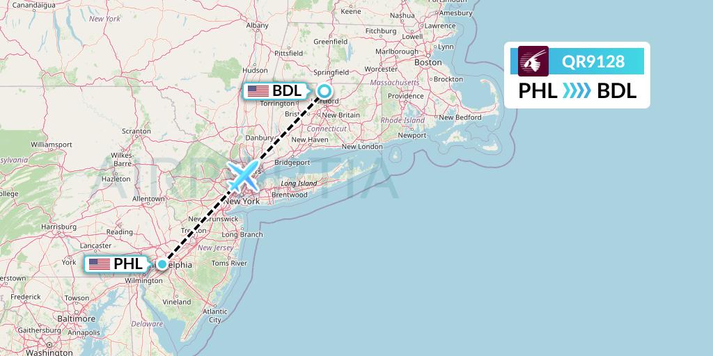 QR9128 Qatar Airways Flight Map: Philadelphia to Windsor Locks