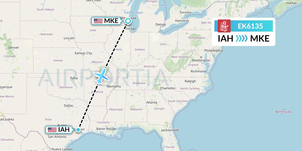 EK6135 Emirates Flight Map: Houston to Milwaukee