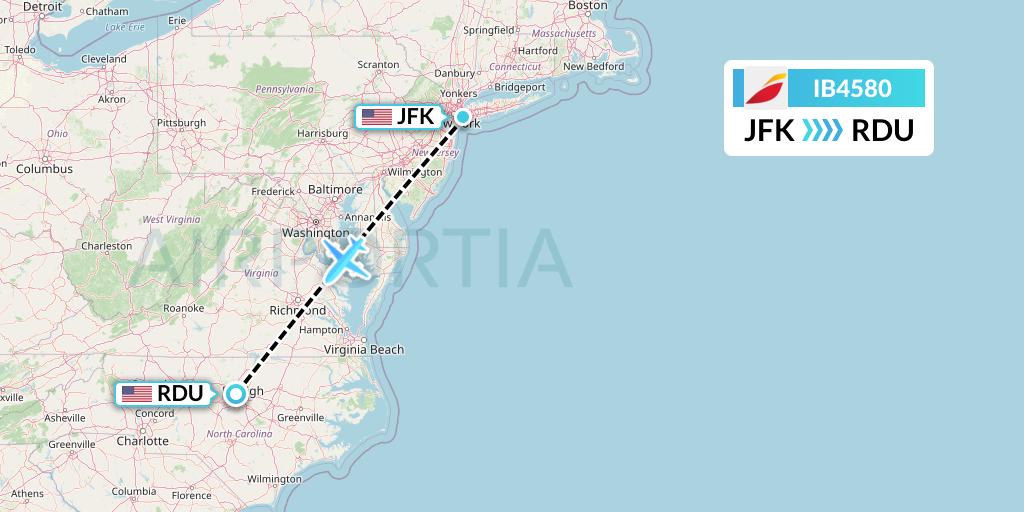 IB4580 Iberia Flight Map: New York to Raleigh-Durham