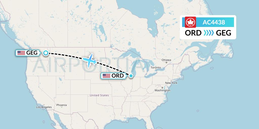AC4438 Air Canada Flight Map: Chicago to Spokane