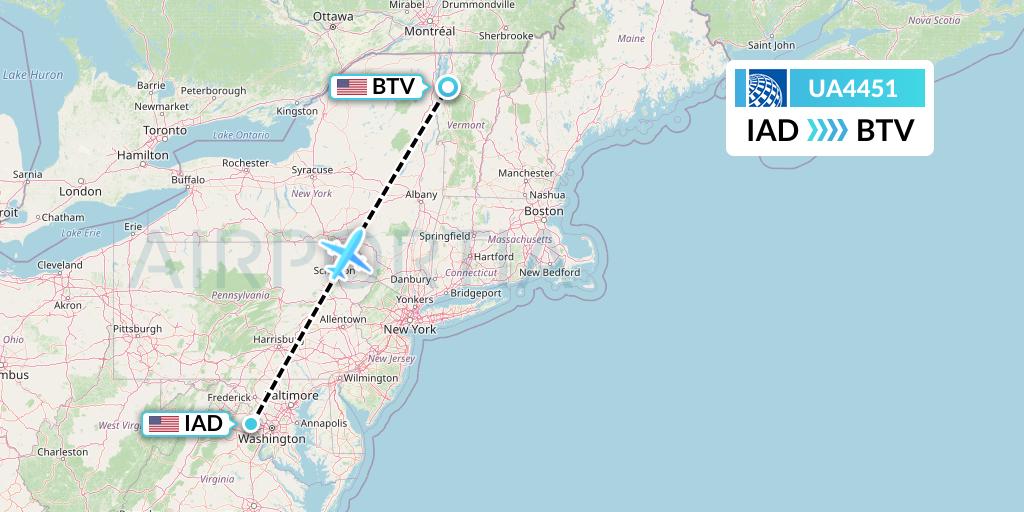 UA4451 United Airlines Flight Map: Washington to Burlington