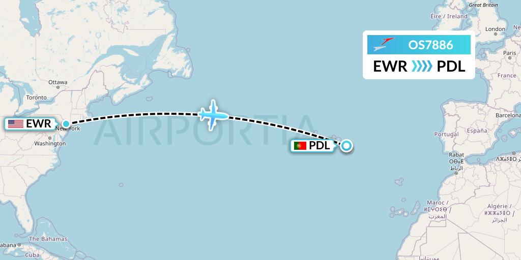 OS7886 Austrian Airlines Flight Map: New York to Ponta Delgada