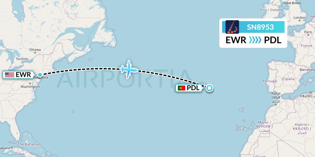 SN8953 Brussels Airlines Flight Map: New York to Ponta Delgada