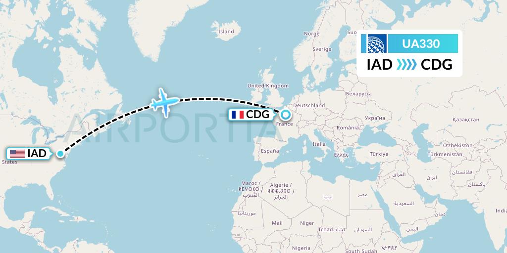 UA330 United Airlines Flight Map: Washington to Paris