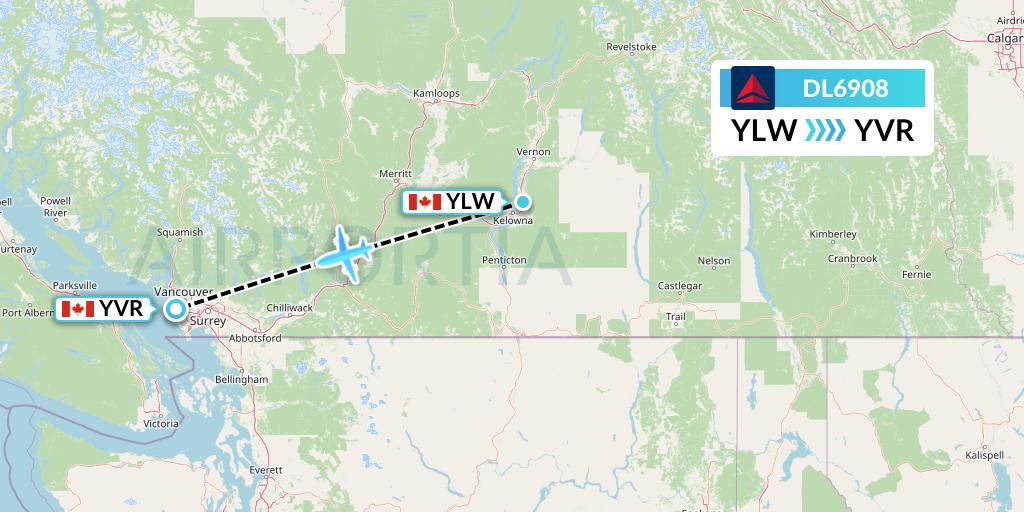 DL6908 Delta Air Lines Flight Map: Kelowna to Vancouver
