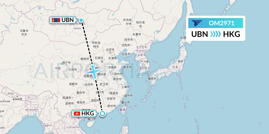 OM2971 MIAT Mongolian Airlines Flight Map: Ulan Bator to Hong Kong