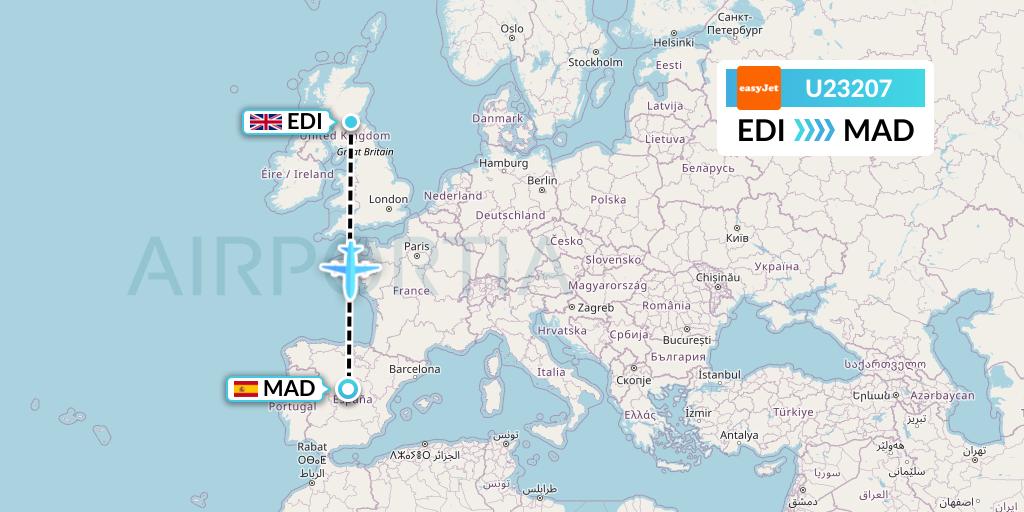 U23207 EasyJet Flight Map: Edinburgh to Madrid