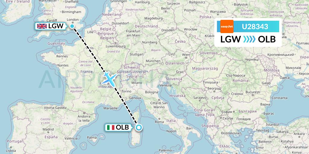U28343 EasyJet Flight Map: London to Olbia