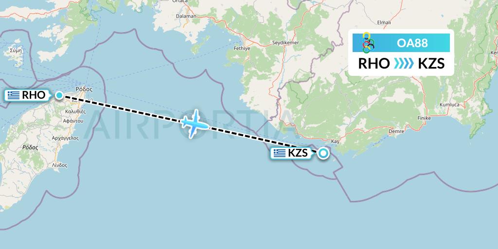 OA88 Olympic Air Flight Map: Rhodes to Kastelorizo Island