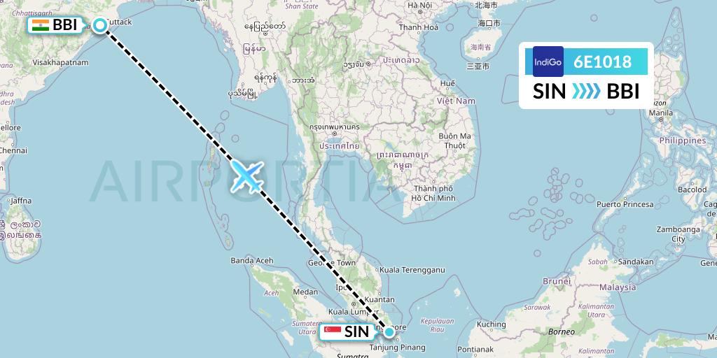 6E1018 IndiGo Airlines Flight Map: Singapore to Bhubaneswar