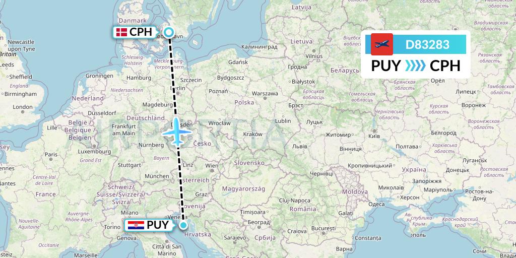 D83283 Norwegian Air International Flight Map: Pula to Copenhagen